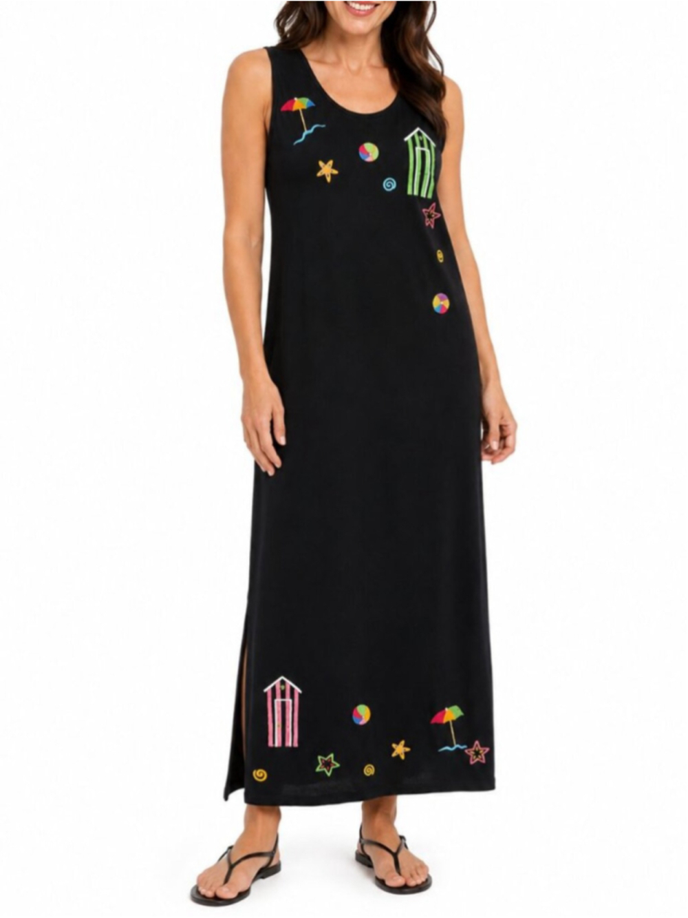 MICHAEL SIMON LITE Embroidered Beach Maxi Dress Black Medium 90s Vintage Teacher